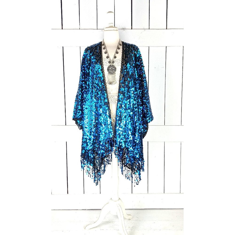 Blue black sequin kimono fringe duster cardigan fringe jacket